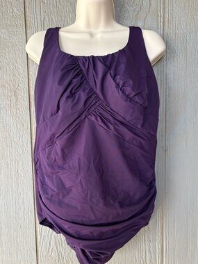 Lands End Purple Ruched Grecian Tummy Control Women’s  One Piece Swimsuit 16W